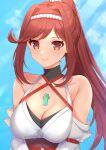  1girl 1girl alluring bare_shoulders big_breasts chest_jewel cleavage closed_mouth commentary_request core_crystal_(xenoblade) detached_sleeves edamameoka glimmer_(xenoblade) high_res long_hair looking_at_viewer nintendo ponytail red_eyes red_hair sidelocks smile sunlight swept_bangs very_long_hair xenoblade_(series) xenoblade_chronicles_3 xenoblade_chronicles_3:_future_redeemed 