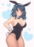 1girl \ alluring animal_ears bare_arms bare_shoulders big_breasts blue_eyes blush bunny_ears bunny_girl bunnysuit byleth_(fire_emblem) byleth_(fire_emblem)_(female) cleavage commentary covered_navel cowboy_shot detached_collar fake_animal_ears fake_tail female_only fire_emblem fire_emblem:_three_houses grey_background hairband heart high_res leotard long_hair looking_at_viewer pantyhose purrlucii rabbit_ears rabbit_tail simple_background smile standing tail teal_hair thighs white_hairband wrist_cuffs
