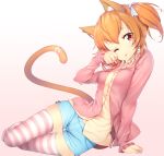 1girl ;p animal_ears arm_support brown_eyes cat_ears cat_paws cat_tail dog_ears dog_tail female gradient gradient_background jacket one_eye_closed orange_hair original paw_pose paws red_eyes ribbon short_shorts short_twintails shorts sitting sleeves_past_wrists solo striped striped_legwear tail tail_ribbon thigh_gap thighhighs tongue tongue_out twintails wink yokozuwari zizi_(zz22)