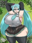  1girl arms_behind_head big_ass big_breasts miku_hatsune nipples_visible_through_clothing skirt smirk smug thigh_high_boots tie vocaloid wide_hips 