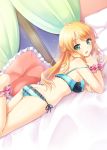  1girl :d ahoge aqua_bra aqua_panties arm_support ass barefoot blonde_hair blush bra breasts butt_crack chin_rest curtains female frilled_bra frilled_panties frills green_eyes hoshii_miki idolmaster k.y_ko long_hair looking_at_viewer looking_back lying night off_shoulder on_stomach open_mouth panties pillow scrunchie side-tie_panties smile solo strap_slip underwear underwear_only window 