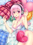 1girl bed_sheet blush bottomless breasts censored cleavage convenient_censoring female headphones heart heart_pillow heart_print highres long_hair lying nfr_(artist) nitroplus pillow pink_eyes pink_hair solo sonico super_sonico