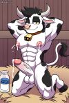  1boy abs ai_generated balls biceps black_hair cow cow_bell cum cumming ejaculation farm hands_behind_head hay horns kneel lactation looking_at_viewer male milk mobians.ai muscles muscular navel nipples pecs penis solo tail veiny_penis watermark yellow_eyes 