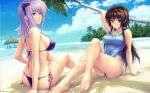 2girls arm_behind_head arm_support art barefoot beach bikini breasts cloud competition_swimsuit covered_navel crossed_legs cryska_barchenowa day feet female game_cg highres hut impossible_clothes impossible_swimsuit jewelry jpeg_artifacts large_breasts legs long_hair looking_at_viewer looking_back multiple_girls muvluv muvluv_alternative muvluv_total_eclipse navel necklace official_art official_wallpaper one-piece_swimsuit outdoors palm_tree photoshop_(medium) purple_hair sayori_(neko_works) shirt short_hair side-tie_bikini_bottom sideboob sitting sky strap_gap string_bikini swimsuit takamura_yui taut_clothes taut_shirt toe-point tree