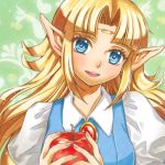 1_girl 1girl a_link_to_the_past apple art blonde blonde_hair blue_eyes blush circlet dress female food fruit gem happy head_tilt holding jewelry long_hair looking_at_viewer neck nintendo open_mouth pointy_ears princess_zelda sagawa_yumeko smile solo the_legend_of_zelda the_legend_of_zelda:_a_link_to_the_past