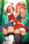 2_girls 2girls ai_generated ass ass_grab bare_shoulders blonde_hair blue_shorts blush breasts brown_eyes brown_hair cameltoe clothing creatures_(company) creatures_inc. day denim_shorts female female_only forest from_behind game_freak grey_eyes grin hat headwear high-waist_shorts high-waist_skirt huge_ass human human_only kneel large_ass latbjorn_ai legwear long_hair long_sleeves looking_at_viewer looking_back low_twintails lyra_(pokemon) multiple_girls nature naughty_face nintendo no_shoes open_mouth outside overalls panties pleated_skirt pokemon pokemon_(game) pokemon_character pokemon_heartgold_&amp;_soulsilver pokemon_hgss protagonist_(pokemon) rear_view red_skirt serena_(pokemon) shiny shirt short_shorts shorts skirt sleeveless sleeveless_shirt smile standing stockings sunglasses sunglasses_on_head suspenders teeth thick_thighs thighs tied_hair tree twin_tails underwear white_headwear white_legwear white_panties white_underwear wide_hips