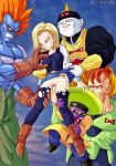  1girl 4boys android_13 android_13_(fused) android_15 android_16 android_18 android_19 dragon_ball dragon_ball_z fingering fingering_pussy group smile 