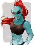  1girl 2d 2d_(artwork) anthro anthro_only artist_name blue_body blue_skin breasts cleavage corogarucoromo digital_media_(artwork) ear_fins eye_patch eyepatch female_anthro female_only fins fish fish_girl hair head_fins marine monster monster_girl muscle muscular_anthro muscular_female navel non-mammal_breasts non-mammal_navel pixiv red_hair slit_pupils solo_anthro solo_female tank_top undertale undertale&nbsp;undyne&nbsp;abs&nbsp;blue_skin undertale_(series) undyne video_game_character video_games white_border yellow_sclera 