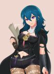  1girl 1girl absurd_res alluring black_cape blue_eyes book byleth_(female)_(fire_emblem) byleth_(fire_emblem) cape closed_mouth fire_emblem fire_emblem:_three_houses high_res holding holding_book knife long_hair nintendo pantyhose pantyhose_under_shorts sheath sheathed shorts simple_background smgold smile teal_hair twitter_username 