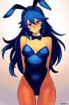  1girl 1girl alluring animal_ears arms_behind_back artist_name bare_shoulders blue_bow blue_eyes blue_hair blue_leotard blush bow bow_choker brand_of_the_exalt breasts cleavage closed_mouth cowboy_shot fake_animal_ears fire_emblem fire_emblem_awakening hair_between_eyes high_res leotard long_hair looking_at_viewer lucina lucina_(fire_emblem) nintendo pantyhose playboy_bunny rabbit_ears smgold smile strapless strapless_leotard symbol_in_eye 