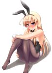  1girl ahoge animal_ears bare_shoulders black_legwear blonde_hair blush bow bowtie breasts bunny_ears bunny_tail bunnysuit detached_collar fake_animal_ears female flying_sweatdrops hanna-justina_marseille large_breasts leotard long_hair no_shoes pantyhose purple_eyes sitting solo strike_witches surume_(clavis) tail 