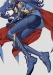 1girl alluring alternate_costume ameno_(a_meno0) armor armored_boots ass ass_focus belt big_ass blue_cape blue_eyes blue_footwear blue_gloves blue_hair boots brand_of_the_exalt breastplate brown_belt cape female_only fire_emblem fire_emblem_awakening fire_emblem_heroes gauntlets gloves gold_trim hair_between_eyes long_hair looking_at_viewer lucina lucina_(fire_emblem) lucina_(glorious_archer)_(fire_emblem) lying lying_on_ground nintendo official_alternate_costume on_side parted_lips pauldrons red_cape shoulder_armor symbol_in_eye tiara two-tone_cape
