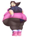  1girl back_view bbw big_ass big_belly eishiban happy high_heels looking_at_viewer looking_back mega_man obese tights tron_bonne wide_hips 