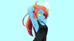 1girl 2d 2d_(artwork) anthro anthro_only armpit armpits artist_request black_tank_top black_topwear blue_background blue_body blue_skin breasts cleavage clothed clothed_female clothing cyan_background digital_media_(artwork) ear_fins eye_patch eyepatch female_anthro female_only fins fish fish_girl hair hands_behind_head head_fins marine monster monster_girl no_bra non-mammal_breasts notice_lines ponytail pose posing red_hair red_ponytail sharp_teeth sideboob simple_background slit_pupils solo_anthro solo_female tank_top topwear undertale undertale_(series) undyne upper_body video_game_character video_games yellow_sclera