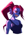  1girl 2d 2d_(artwork) anthro anthro_only blue_body blue_skin breasts cleavage deviantart digital_media_(artwork) ear_fins eye_patch eyepatch female_anthro female_only fish fish_girl hair liyart marine monster monster_girl non-mammal_breasts red_hair slit_pupils solo_anthro solo_female undertale undertale_(series) undyne video_game_character video_games yellow_sclera 