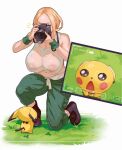  1girl 1pokemon big_breasts camera exposed_breasts ictiwinter materclaws nintendo pichu pok&eacute;mon viola_(pokemon) 