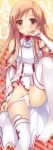  1girl asuna_(sao) blush breastplate brown_eyes brown_hair detached_sleeves female hand_to_mouth hand_to_own_mouth highres long_hair long_image looking_at_viewer panties panty_pull solo sousouman sword_art_online tall_image thighhighs underwear white_legwear white_panties 