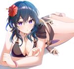 1girl alluring alternate_costume bare_arms bare_shoulders big_breasts bikini black_bikini black_swimsuit blue_eyes byleth_(fire_emblem) byleth_(fire_emblem)_(female) byleth_(summer)_(fire_emblem)_(female) cleavage commentary female_only fire_emblem fire_emblem:_three_houses fire_emblem_heroes flower high_res long_hair looking_at_viewer nintendo official_alternate_costume parted_lips purple_eyes red_flower satoimo_chika simple_background swimsuit teal_hair thighs white_background