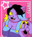 1_girl 1girl 2020 2020s ;d anthro anthro_only artist_name big_breasts black_hair breasts cat cat_paws catty_(undertale) character_name cleavage clothed clothing domestic_cat earring fangs felid feline felis female female_anthro female_only furry furry_female furry_only itanatsu-chan large_filesize monster monster_girl one_eye_closed paws pink_background purple_body purple_fur smile smiling_at_viewer solo solo_anthro solo_female two-tone_hair two_tone_hair undertale undertale_(series) upper_body v v_sign wink winking_at_viewer