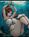  1girl armpits arms_tied arms_up bandage_bra blush bondage breasts erza_scarlet fairy_tail female godlem holding_breath huge_breasts human legs_tied light-skinned_female light_skin looking_at_viewer ocean ponytail puffed_cheeks red_eyes red_hair sea solo underwater water 