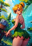 1girl ai_generated ass blonde_hair blue_eyes camera disney disney_fairies fairy fairy_wings female_focus female_only forest miniskirt nature pointy_ears tinker_bell wings