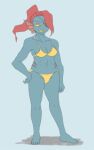 1girl 2d 2d_(artwork) 4_toes anthro anthro_only aruput aruput_ut bikini blue_background blue_body blue_skin breasts digital_media_(artwork) ear_fins eyepatch female_only fins fish fish_girl full_body grumpy hair hair_over_one_eye hand_on_hip hand_on_own_hip hand_on_own_thigh hand_on_thigh head_fins midriff monster monster_girl navel non-mammal_breasts non-mammal_navel ponytail red_hair sharp_teeth simple_background solid_color_background solo_anthro solo_female standing swimsuit tall tall_female twitter undertale undertale_(series) undyne video_game_character video_games yellow_bikini yellow_bikini_bottom yellow_bikini_top