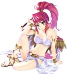  1girl arm_support bandeau bare_shoulders bracelet breasts bucchake_(asami) cleavage collarbone feet female jewelry long_hair looking_at_viewer lots_of_jewelry navel oda_nobunaga_(sengoku_otome) ponytail red_hair sandals sengoku_otome shiny shiny_skin simple_background sitting smile solo tms_entertainment very_long_hair white_background yellow_eyes 