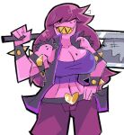 1_girl 1girl 2020s 2023 anthro anthro_only axe big_breasts breasts cleavage clothing deltarune demonbloodpal eyes_covered female female_anthro female_only grin hair hair_over_eyes holding_axe holding_weapon long_hair muscular muscular_female pink_body pink_skin purple_body purple_hair sharp_teeth solo solo_anthro solo_female spiked_bracelet susie_(dark_world_form) susie_(deltarune) teeth undertale_(series) video_games weapon white_background yellow_teeth