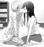  2girls art artist_request bed blush female indoors inside kiss kissing love monochrome multiple_girls mutual_yuri pajamas room sitting yuri 