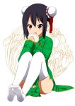  1girl black_hair blush brown_eyes bun_cover china_dress chinese_clothes double_bun dress feet feet_together female food k-on! nakano_azusa nikuman no_shoes official_style open_mouth quipao ragho_no_erika soles solo thighhighs toes white_legwear 