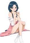  1girl bare_legs bare_shoulders blue_eyes blue_hair blush body_blush breasts breasts_outside crossed_legs female female_only hand_on_own_chest ichihisa legs_crossed long_hair long_legs looking_at_viewer magi:_the_labyrinth_of_magic nipples off_shoulder open_clothes parted_lips pinky_out ren_hakuei simple_background sitting smile solo tabi white_background 