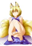  1girl animal_ears bare_legs barefoot blonde_hair breasts feet female fox_ears fox_tail hair highres kitsunetsu_(rcu_be1s) large_breasts light_smile looking_at_viewer multiple_tails naked_tabard no_hat pov_feet short_hair sideboob simple_background sitting soles solo tabard tail toenails touhou white_background yakumo_ran yellow_eyes 