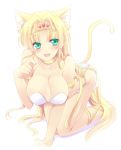 1_girl 1girl all_fours animal_ears arm arm_support armband arms babe bare_legs bare_shoulders big_breasts blonde blonde_hair blush breasts cat_ears cat_tail claire_(hihouden) cleavage earrings female green_eyes hair_intakes hairband high_res highres hihouden jewelry kemonomimi_mode large_breasts legs long_hair looking_at_viewer lots_of_jewelry neck_ring open_mouth paw_pose simple_background smile solo strapless tail tokinon very_long_hair white_background