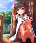1girl bare_shoulders barefoot blue_sky bow brown_eyes brown_hair cloud detached_sleeves dress feet feet_together female forest hair_bow hair_tubes hakurei_reimu long_hair long_sleeves matokechi nature red_dress simple_background sitting sky soles solo toes touhou very_long_hair wide_sleeves