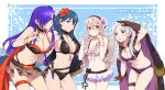 4girls absurd_res alluring alternate_costume big_breasts bikini black_bikini black_hair blue_eyes breasts brown_gloves byleth_(fire_emblem) byleth_(fire_emblem)_(female) byleth_(summer)_(fire_emblem)_(female) corrin_(fire_emblem) corrin_(fire_emblem)_(female) corrin_(summer)_(fire_emblem)_(female) female_focus fire_emblem fire_emblem:_three_houses fire_emblem_awakening fire_emblem_fates fire_emblem_heroes fire_emblem_warriors:_three_hopes flower flower_necklace frilled_bikini frills gloves grey_hair hair_bun hair_flower hair_ornament hair_over_one_eye high_res hiyori_(rindou66) jewelry leather leather_gloves lei long_coat long_hair looking_at_viewer matching_hair/eyes medium_breasts multiple_girls navel necklace nintendo official_alternate_costume parted_lips purple_bikini purple_eyes purple_hair red_eyes robin_(fire_emblem) robin_(fire_emblem)_(female) robin_(summer)_(fire_emblem)_(female) shez_(female)_(summer)_(fire_emblem) shez_(fire_emblem) stomach swimsuit teal_hair thigh_strap trait_connection twin_tails white_bikini white_hair