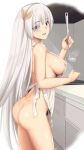  1_girl 1girl :d anastasia_nikolaevna_romanova_(fate) apron arciealbano areola areola_slip ass big_breasts black_panties black_underwear blue_eyes breasts cooking erect_nipples erect_nipples_under_clothes fate/grand_order fate_(series) female female_only female_solo hadaka_apron headband high_resolution indoors kitchen ladle long_hair looking_at_viewer naked_apron nipples no_bra open_mouth panties side-tie_panties sideboob smile solo standing underwear very_long_hair white_hair 