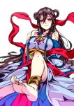 1girl anklet bare_shoulders barefoot black_hair blurry blush breasts depth_of_field feet female grin hair_rings hong_(white_spider) izanami_(p&amp;d) jewelry long_hair purple_eyes puzzle_&amp;_dragons shawl smile soles solo toes very_long_hair