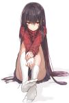  1girl black_hair blush brown_eyes brown_hair feet female kneehighs long_hair looking_at_viewer no_shoes original ribbed_sweater shirabi_(life-is-free) simple_background sitting skirt solo sweater toes turtleneck v_arms very_long_hair white_background white_legwear 