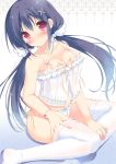  1girl :o black_hair blush bracelet breasts cleavage cropped female front-tie_top gradient gradient_background hair_ornament jewelry lingerie long_hair low_twintails open_mouth original pan_(mimi) panties parted_lips red_eyes see-through shiny shiny_skin side-tie_panties simple_background sitting solo thighhighs twin_tails twintails underwear white_legwear white_panties yokozuwari 