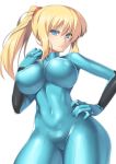  1girl belly blonde_hair blue_eyes bodysuit breasts covered_nipples erect_nipples female hair hand_on_hip large_breasts long_hair metroid midriff nagase_haruhito navel ponytail samus_aran simple_background skin_tight solo white_background wide_hips zero_suit 