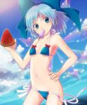  1girl bikini bow cirno female flat_chest food fruit hair_bow hand_on_hip holding holding_fruit large_bow mouth_hold navel nunucco ocean popsicle resized revision side-tie_bikini sky solo string_bikini swimsuit touhou transparent untied wardrobe_malfunction watermelon wings 