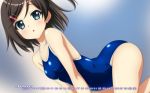  1girl :o all_fours arched_back arm arm_support arms art artist_request babe bare_legs bare_shoulders blue_eyes blue_swimsuit blush breasts brown_hair collarbone female female_only gokukoku_no_brynhildr hair_ornament hairclip hatsuna_wakabayashi legs looking_at_viewer neck one-piece_swimsuit open_mouth shiny shiny_hair shiny_skin shiny_swimsuit short_hair shy side_ponytail solo solo_female swimsuit wakabayashi_hatsuna 