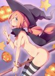  1girl aqua_eyes bangle blush bottomless bracelet breasts broom broom_riding crotch_rub female from_side hair_ribbon halloween hat jack-o'-lantern jewelry long_hair looking_at_viewer masturbation naked_thighhighs nipples no_bra no_panties nude orange_hair original pointy_ears pumpkin pussy_juice red_pupils ribbon side sitting solo star striped striped_legwear thighhighs topless unacchi_(nyusankin) v witch witch_hat 