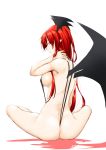  1girl ass bat_wings breasts female from_behind head_wings highres koakuma large_breasts long_hair looking_back niwatazumi pointy_ears profile red_eyes red_hair sideboob simple_background sitting sling_bikini solo swimsuit touhou very_long_hair white_background wings 
