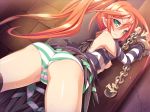  1girl against_wall akuma_de_oshioki! arched_back aria_(akuma_de_oshioki!) ass bdsm black_wings blade_(galaxist) blush bondage bound breasts cameltoe chain chained chained_wrists chains elf female game_cg green_eyes long_hair looking_back nipples orange_hair panties pointy_ears ponytail prison_clothes red_hair restrained shiny shiny_skin sideboob slave small_breasts solo striped striped_panties sweat underboob underwear very_long_hair wings 