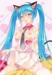  1girl animal_ears apron aqua_hair bandaid bandaids_on_nipples blush breasts cat_ears cat_tail collar female hatsune_miku heart heart-shaped_pupils highres long_hair miku_hatsune mvv necktie open_mouth pasties red_eyes sitting solo symbol-shaped_pupils tail thighhighs twin_tails very_long_hair vocaloid 