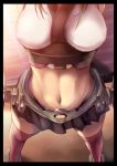  1girl abs arms_behind_back bare_shoulders belly breasts female fukai_ryousuke head_out_of_frame kantai_collection large_breasts md5_mismatch midriff miniskirt mutsu_(kantai_collection) navel personification red_legwear skirt solo stomach sweat thighhighs 