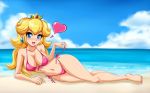 1girl absurd_res absurdres arm arm_support arms art babe bare_legs bare_shoulders barefoot beach big_breasts bikini blonde blonde_hair blue_eyes blush breasts cloud collarbone crown earrings female female_only front-tie_bikini front-tie_top happy heart high_res highres jewelry legs long_hair looking_at_viewer lying mario_(series) midriff navel neck nintendo ocean on_side open_mouth outside pink_bikini pink_swimsuit princess_peach sand sea sexually_suggestive shiny shiny_hair shiny_skin side-tie_bikini sigurd_hosenfeld sigurdhosenfeld sky smile solo super_mario_bros. swimsuit water