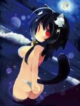 1girl animal_ears bikini black_hair blush breasts cat_ears cat_tail female full_moon large_breasts long_hair looking_at_viewer looking_back moon ocean original paprika_shikiso partially_submerged red_eyes sideboob solo swimsuit tail wading water white_bikini white_swimsuit