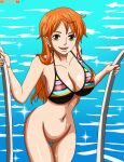  1girl alluring bare_legs big_breasts bikini darkuro_27 naked_from_the_waist_down nami nami_(one_piece) one_piece orange_hair pool_ladder pussy swimming swimming_pool tattoo wet 